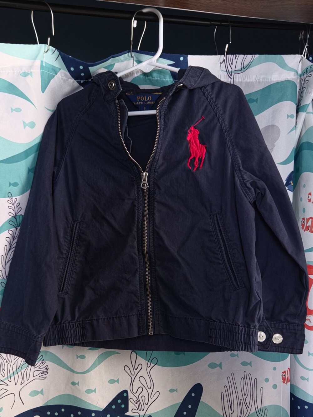 Polo Ralph Lauren Navy Hooded Kids Jacket with Red Pony, Boys 5
